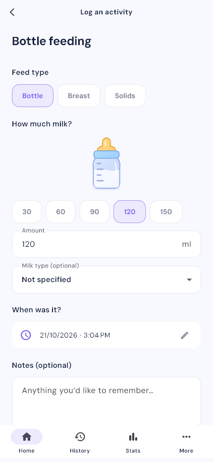 Baby Tracker bottle screen with illustrative sample data