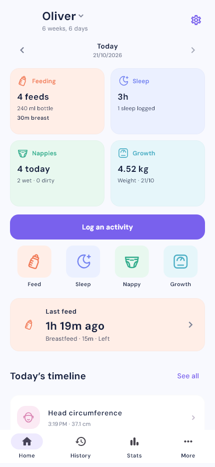 Baby Tracker home screen with illustrative sample data