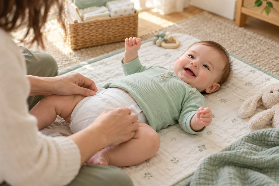 A caregiver fastening a clean nappy; illustrative photograph